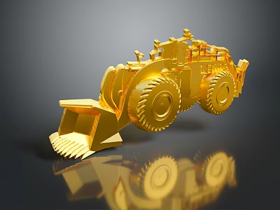 Golden 3D Model Utility Vehicle Loader With Large Bucket Large Tires And Reflection 3d model
