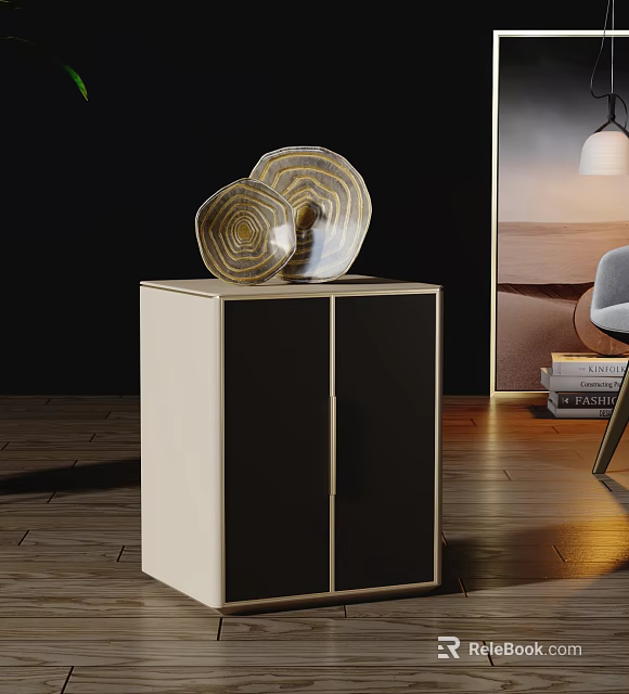 Cream Colored Side Table With Double Doors And Spiral Pattern Decorative Plates 3d model 