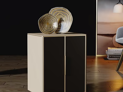 Cream Colored Side Table With Double Doors And Spiral Pattern Decorative Plates 3d model