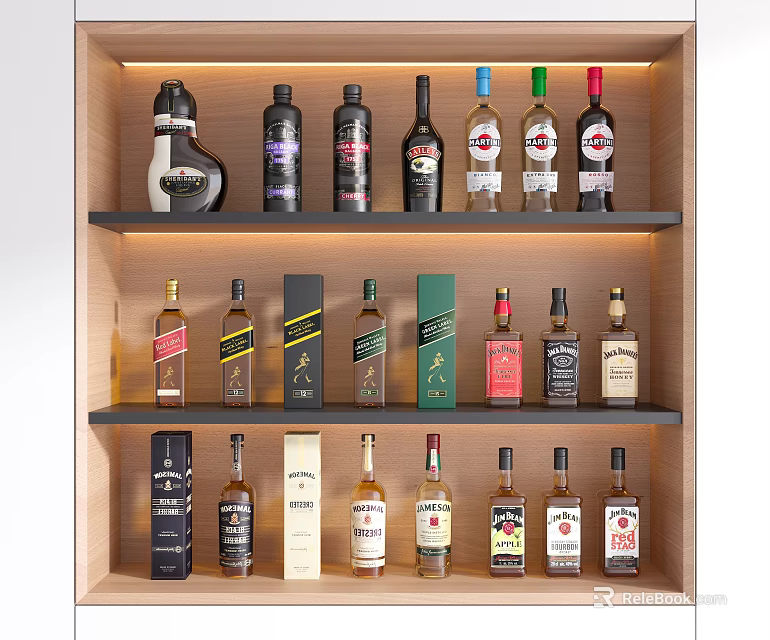 Elegant Wooden Shelf Display With Various Wine Bottles Glassware And Boxed Wine 3d model 