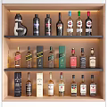 Elegant Wooden Shelf Display With Various Wine Bottles Glassware And Boxed Wine