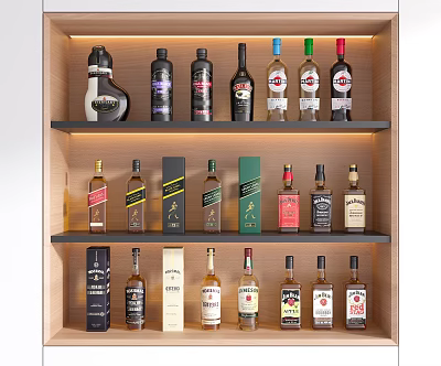 Elegant Wooden Shelf Display With Various Wine Bottles Glassware And Boxed Wine 3d model