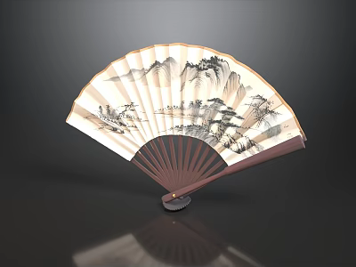 Ancient Scenery Artistic Folding Fan With Traditional Mountain River Painting Design 3d model