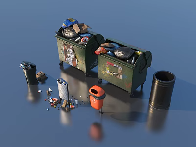 Green Trash Bins With Scattered Litter And Orange Black Garbage Cans 3d model