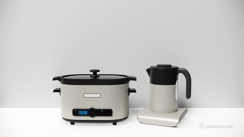 Modern Kitchen Appliances Including Digital Slow Cooker And Electric Kettle With Base 3d model 