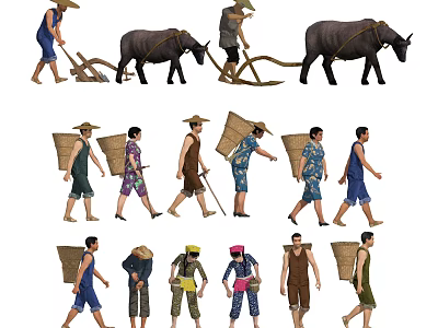 People Wearing Bamboo Hats and Traditional Clothes Carrying Baskets and Plowing 3d model
