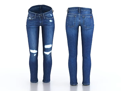 Blue Distressed Slim Fit Jeans With Ripped Details Front And Back View 3d model