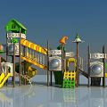Colorful Outdoor Playground Equipment with Yellow Green Orange Slides Platforms and Stairs