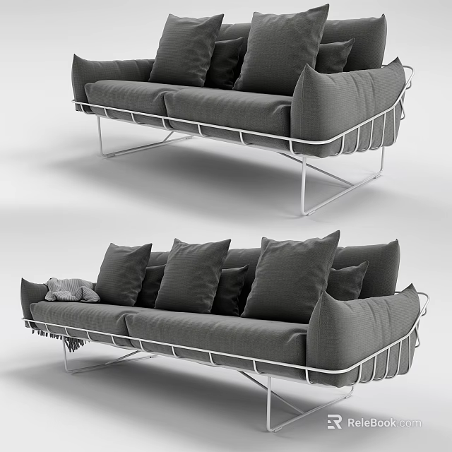 Modern Gray Sectional Sofa With Metal Frame Multiple Pillows And Throw Blanket 3d model 