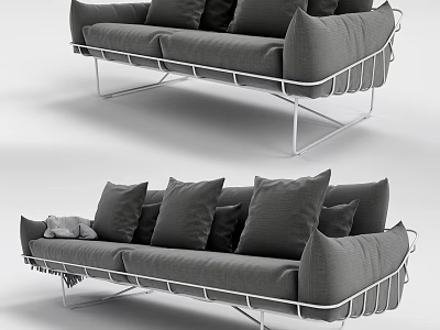 Modern Gray Sectional Sofa With Metal Frame Multiple Pillows And Throw Blanket 3d model
