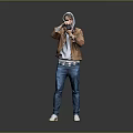 Man With Hoodie In Brown Jacket Blue Jeans Taking Photo With Camera On Gray Background