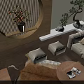 Modern Office Interior With Wooden Shelves Circular Decorative Wall Computers Stools And Potted Plant