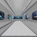 High Tech Control Room With Multiple Screens Hexagonal Floor White Walls And Ceiling Lights