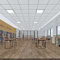 Bright Office Interior With Bookshelves Wooden Tables Chairs Large Windows And Yellow Wall