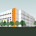 Modern Commercial Complex With Orange Blue Glass Facade Advertisement Billboards Parking Area And Greenery