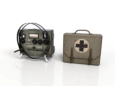 Daily Supplies Featuring Green Equipment With Knobs Cables And Brown Leather Case With Cross Symbol 3d model
