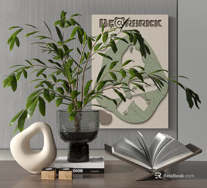 Elegant Decorative Ornament Combination With Green Plant Vase Open Book And Artwork 3d model 