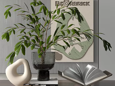 Elegant Decorative Ornament Combination With Green Plant Vase Open Book And Artwork 3d model