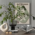 Elegant Decorative Ornament Combination With Green Plant Vase Open Book And Artwork