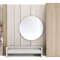 Modern Interior With Wooden Panel Walls Round Mirror And Light Gray Bench 3d model