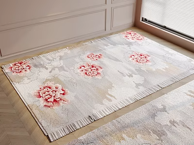 Square Carpet With Red Floral Patterns Cream White Base Fringed Edges Bright Wooden Floor Room 3d model