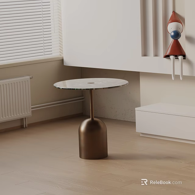Modern Circular Marble Top Side Table With Brass Base In Interior By Window Blinds 3d model 