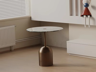 Modern Circular Marble Top Side Table With Brass Base In Interior By Window Blinds 3d model