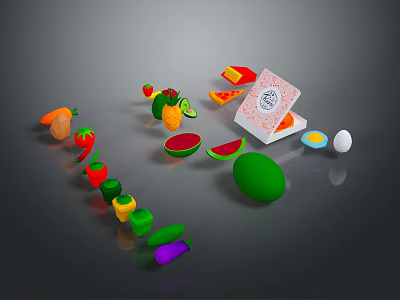 Fresh Plant Based Fruits And Vegetables Arranged With QR Code Card And Green Avocado 3d model