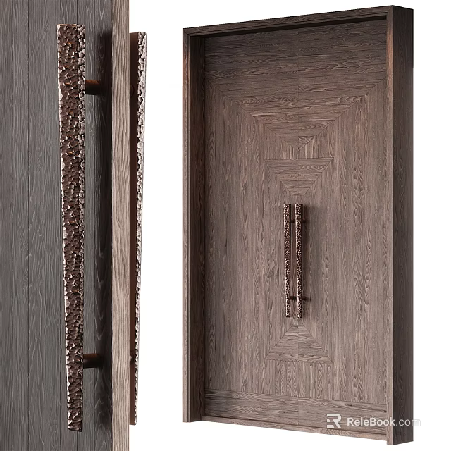 Elegant Wooden Double Doors With Intricate Carved Texture And Metal Handle Design 3d model 