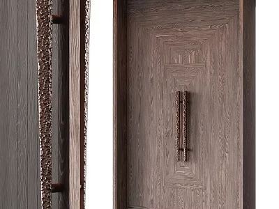Elegant Wooden Double Doors With Intricate Carved Texture And Metal Handle Design 3d model