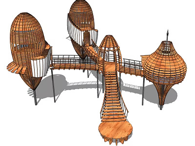 Wooden Dome Shaped Boutique Hotel Architecture With Connecting Walkways And Outdoor Platforms 3d model