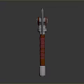 Silver Bladed Axe Weapon With Red Wrapped Handle And Decorative Gem