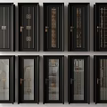 Black Swing Doors With Golden Decorative Patterns And Glass Panel Designs 3d model