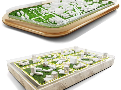 Professional Commercial Planning Model With Mini Buildings Green Areas And Wooden Base 3d model