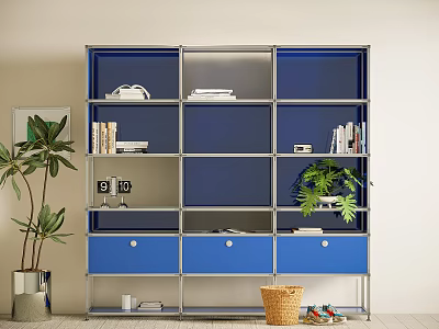 Modern Blue Bookcase With Multiple Shelves Books Decor Drawers And Potted Plant 3d model