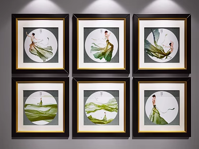 Six Framed Figure Paintings With Golden Frames Green Clothing And Circular Landscape Backgrounds 3d model