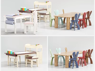 Wooden Children's Table With Colorful Chairs And Storage Shelf For Kids Playroom 3d model