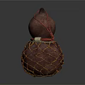 Handcrafted Gourd Shaped Household Item With Brown Net Wrapping And Rope Accent