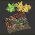 Cartoon Scene With Red Maple Trees Small Cabin Green Grass Blue Stream And Rocks