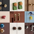 Diverse Cabinet Handles with Wooden Brass and Heart Shaped Designs on Colored Wooden Doors