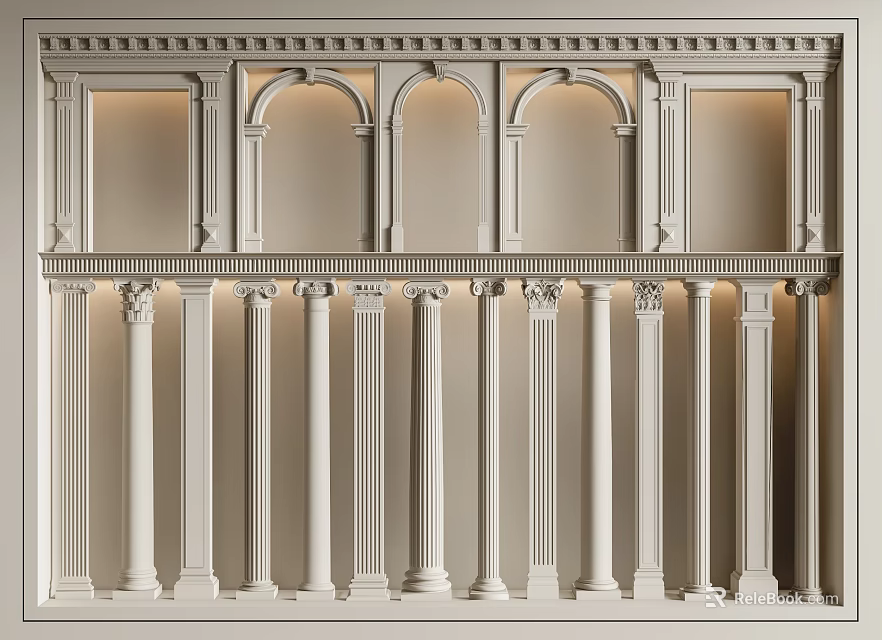 Elegant White Roman Columns with Row Arched Design and Decorative Lighting 3d model 