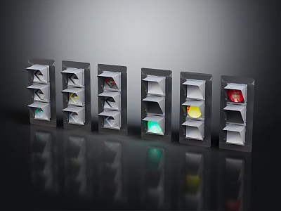 Grey Industrial Equipment Units With Multiple Shelves And Colored Indicator Balls Arranged In A Row 3d model
