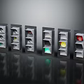 Grey Industrial Equipment Units With Multiple Shelves And Colored Indicator Balls Arranged In A Row