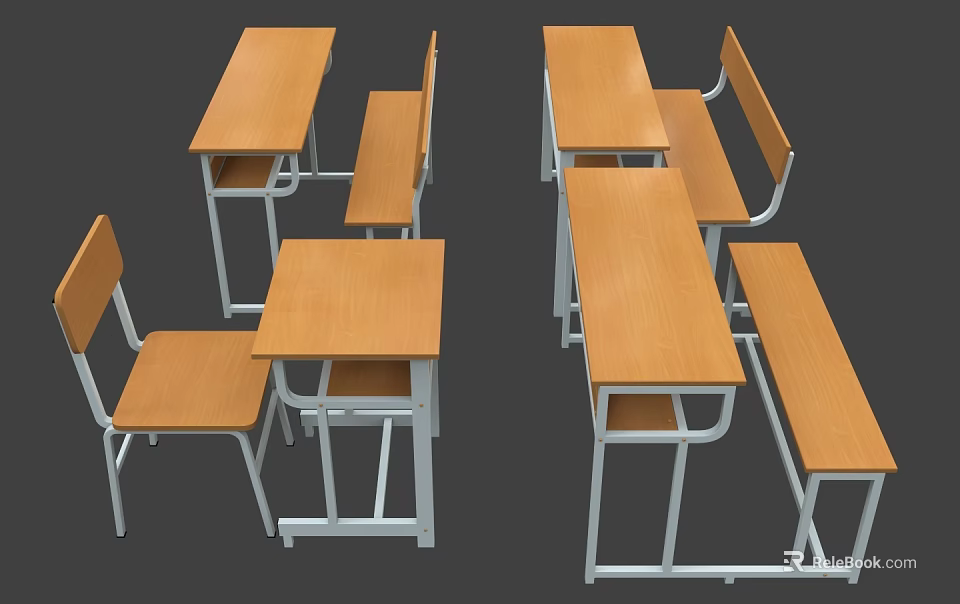Classroom Study Desks and Chairs Featuring Wooden Tops and Metal Frames 3d model 