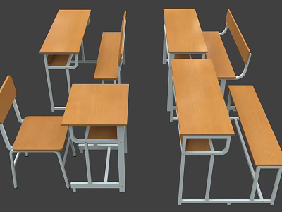 Classroom Study Desks and Chairs Featuring Wooden Tops and Metal Frames 3d model