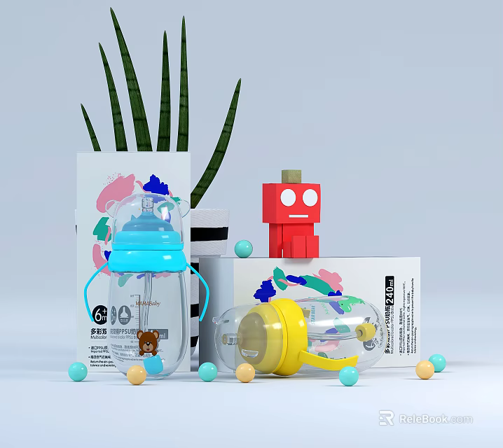 Colorful Ceramic Baby Feeding Bottles With Playful Decor And Plants 3d model 