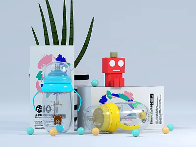 Colorful Ceramic Baby Feeding Bottles With Playful Decor And Plants 3d model