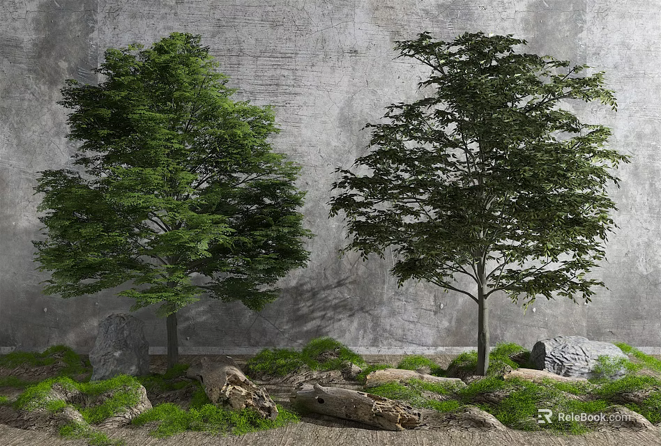 Tall Green Arbor Trees With Gray Wall Background And Stones Dry Grass 3d model 