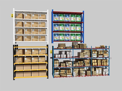 Multi tiered Display Shelves With Colored Frames Stacked Boxes And Packaged Goods 3d model