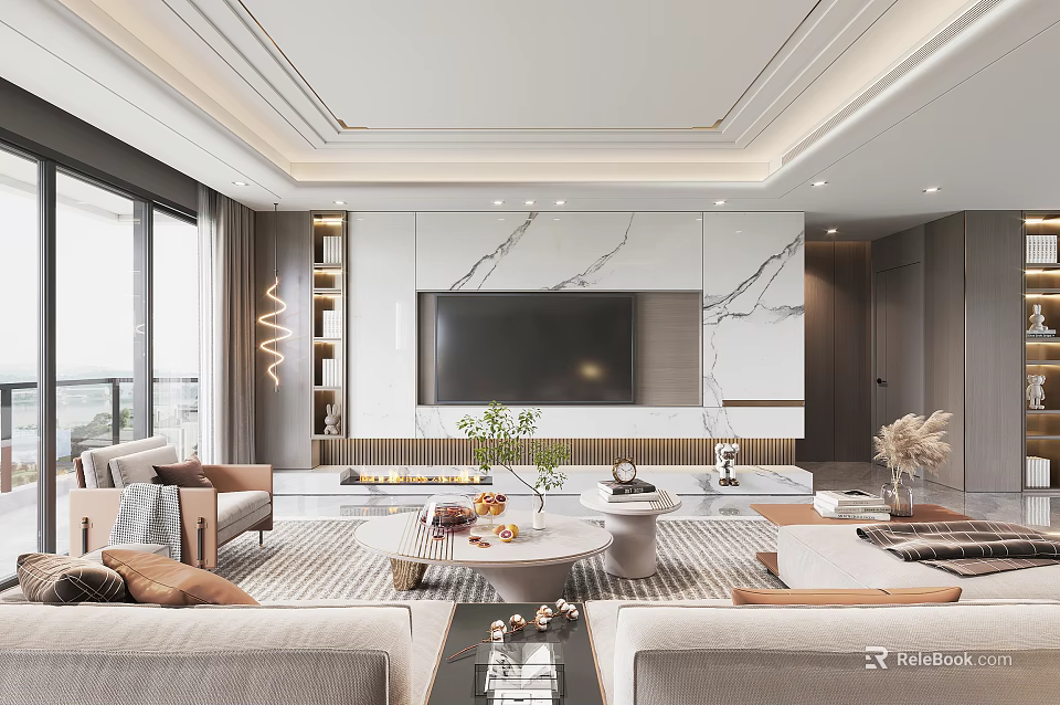 Modern Living Room Interior Design With Marble TV Wall Sofas Coffee Tables And Rug 3d model 